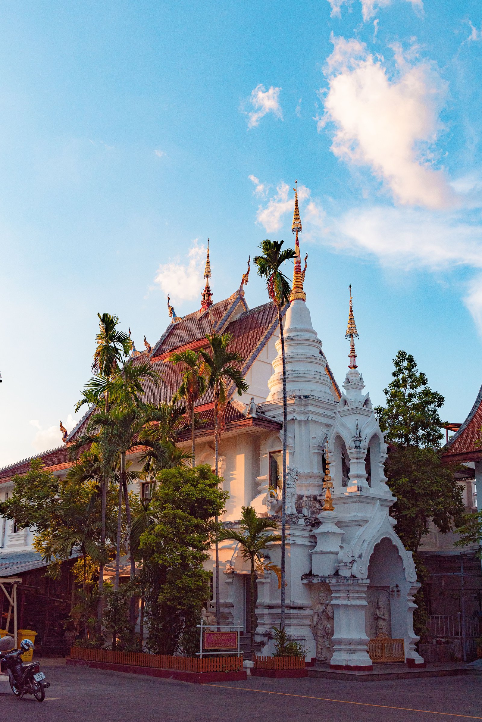 Templo con estupa blanca y palmeras en Chiang Mai.